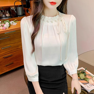 缎面衬衫女款2026新款早春超好看单穿上衣法式钉珠七分袖显瘦衬衣