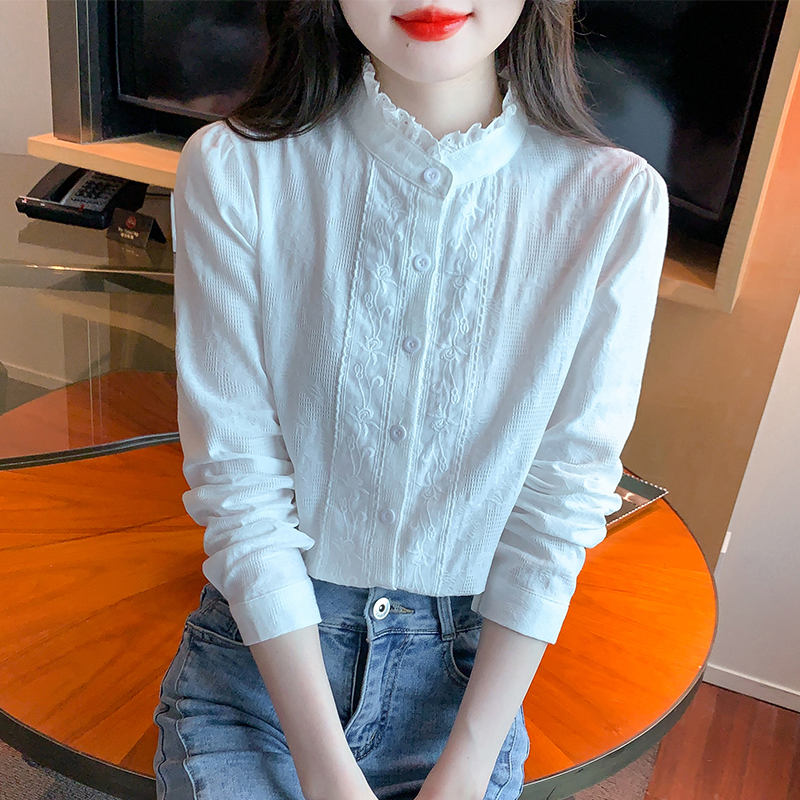 纯棉衬衫女长袖2025春季新款时尚减龄刺绣木耳边立领衬衣打底上衣