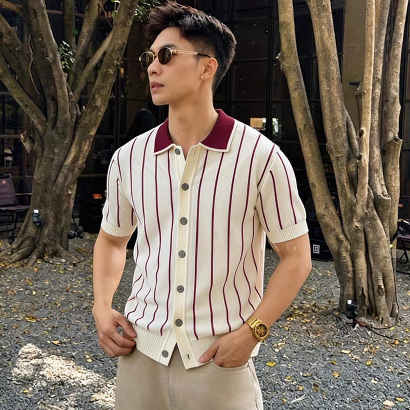 潮牌老钱风撞色翻领针织Polo衫男夏季穿搭高级感商务条纹短袖T恤
