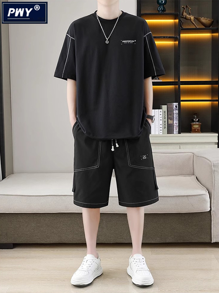 潮牌高端冰丝休闲运动套装男夏季2024新款帅气短袖t恤短裤两件套