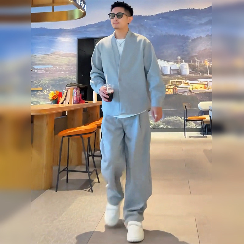 潮牌休闲运动套装男春秋季潮流高级感纯色开衫外套卫裤一整套搭配