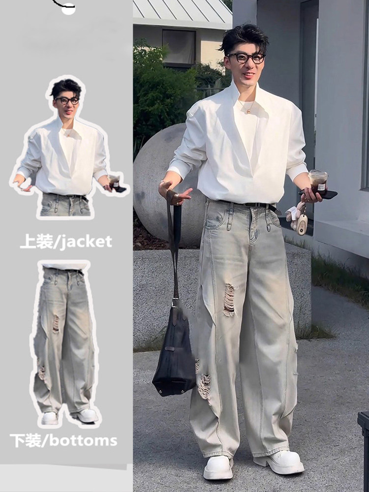 潮牌休闲运动套装男春秋季高级感痞帅v领长袖衬衫酷帅穿搭两件套