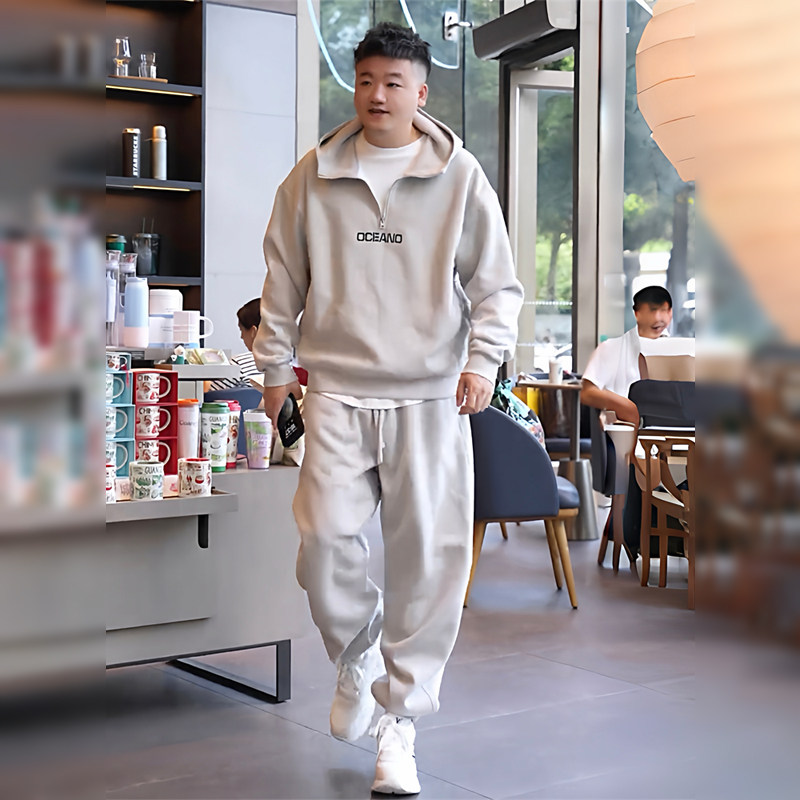 潮牌字母刺绣半拉链卫衣套装男秋冬季休闲运动加绒卫裤外套两件套