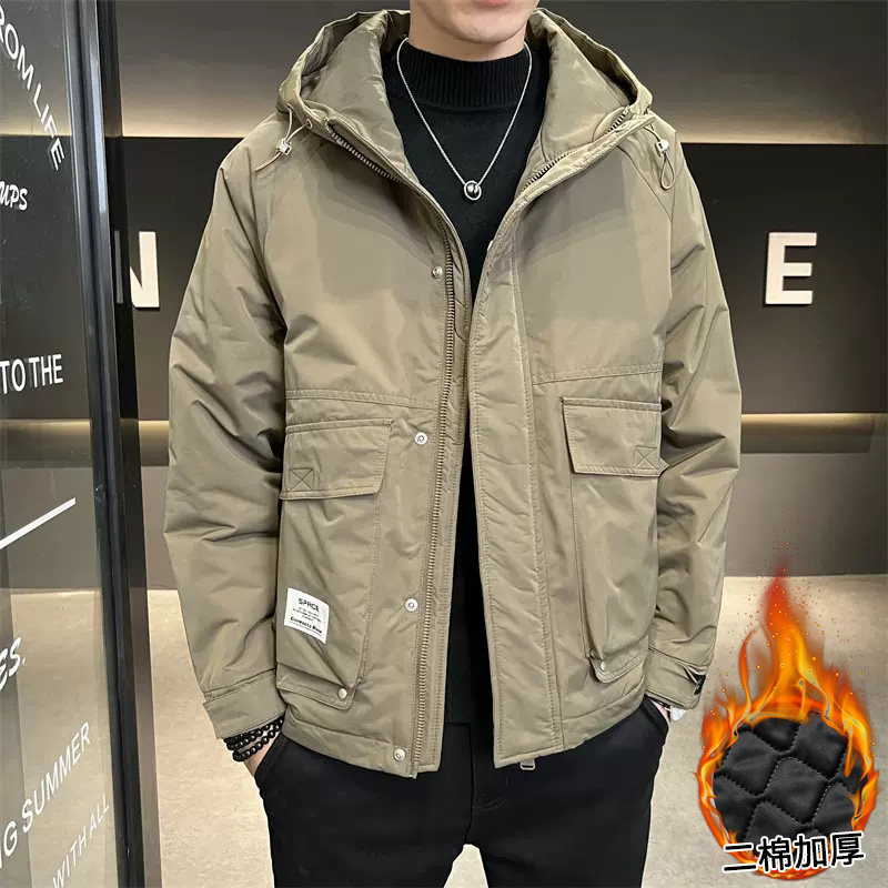 潮牌高端冲锋衣夹克男秋冬季加绒加厚保暖外套高级感宽松连帽棉衣