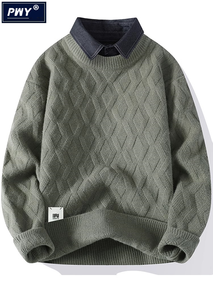 潮牌日系衬衫领毛衣男秋冬季2025新款加厚保暖软糯感假两件针织衫