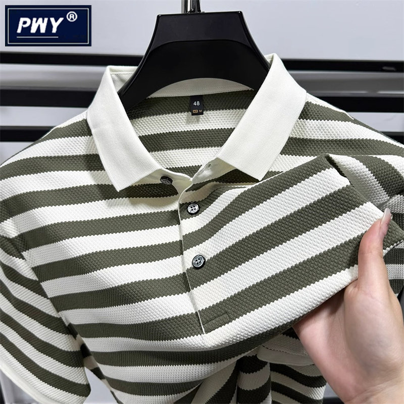 潮牌高端菠萝纹POLO衫男士夏季2026新款潮流宽松翻领条纹短袖T恤