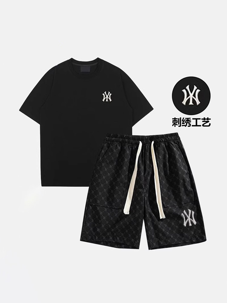 时尚品牌无障碍豪华绣花短袖t恤套装2025年夏季男子新宽松休闲运