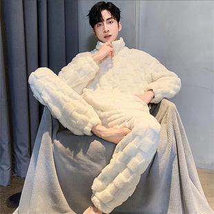 潮牌高端纯色珊瑚绒睡衣套装男士冬季加绒加厚可外穿家居服两件套