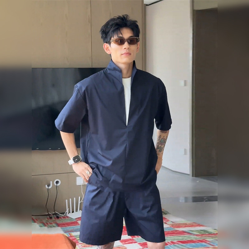 潮牌老钱风假两件短袖衬衫套装男士夏季酷帅亚麻松弛感短裤两件套