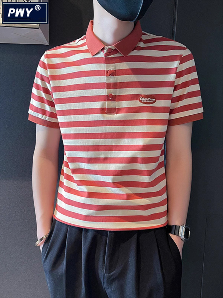潮牌高端条纹polo衫男夏季2025新款潮流翻领短袖t恤痞帅修身半袖