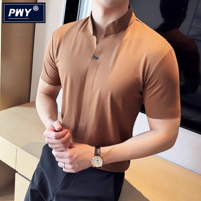 潮牌新中式立领polo衫男士夏季2026新款冰丝无痕压胶保罗短袖t恤