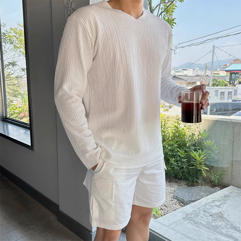 潮牌V领针织防晒长袖t恤衫男士夏季韩系肌理纹理休闲防晒体恤罩衫