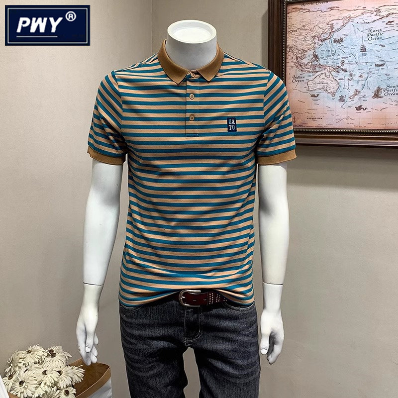潮牌高端条纹撞色polo衫男士短袖T恤夏季韩版修身时尚休闲半袖衫