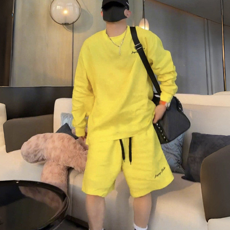 潮牌休闲运动套装男士夏季薄款慵懒风垂感防晒长袖T恤短裤两件套