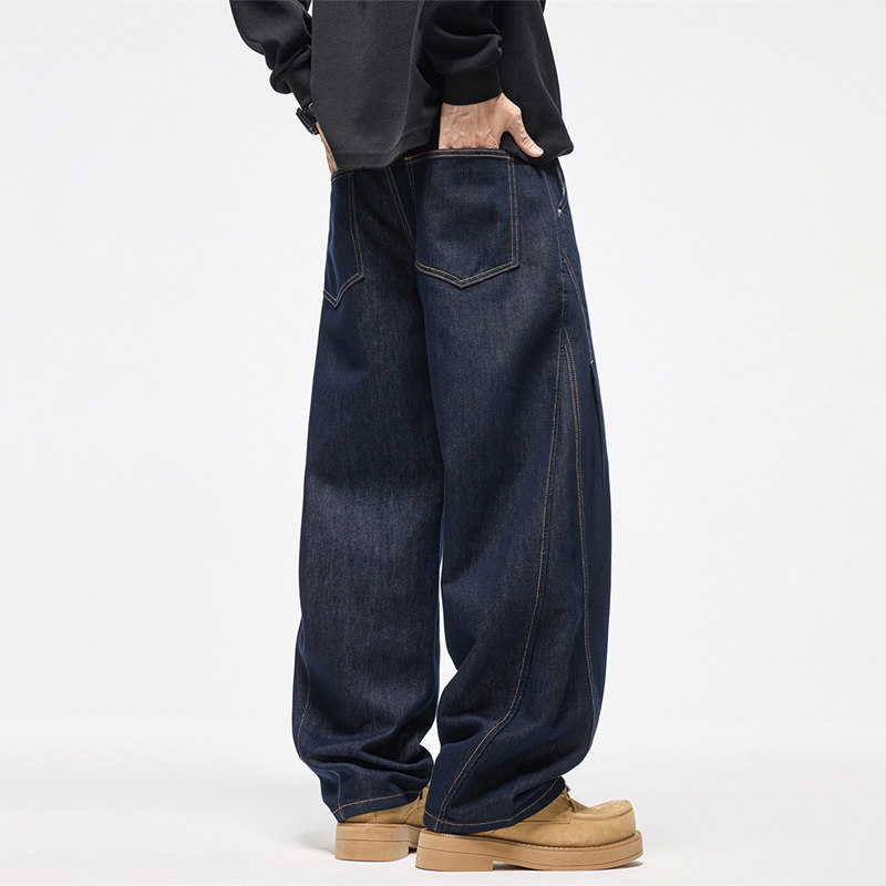 潮牌加绒深蓝色阔腿弯刀牛仔裤男秋冬季宽松直筒莱赛尔百搭长裤子