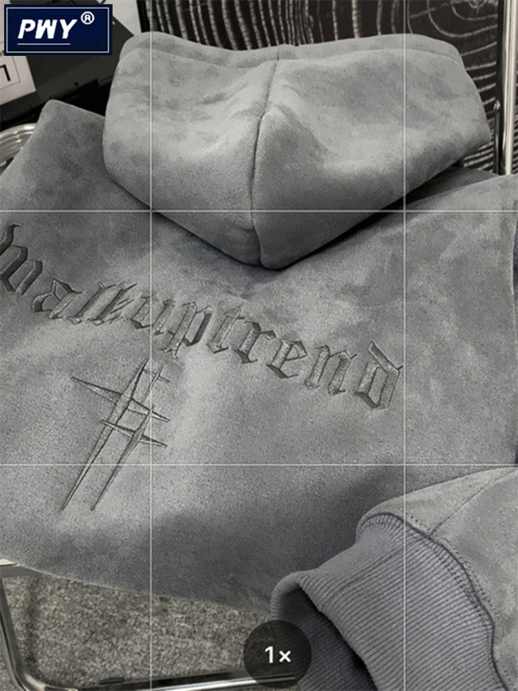 潮牌美式重磅麂皮绒卫衣男士秋冬季宽松休闲痞帅加绒加厚连帽外套