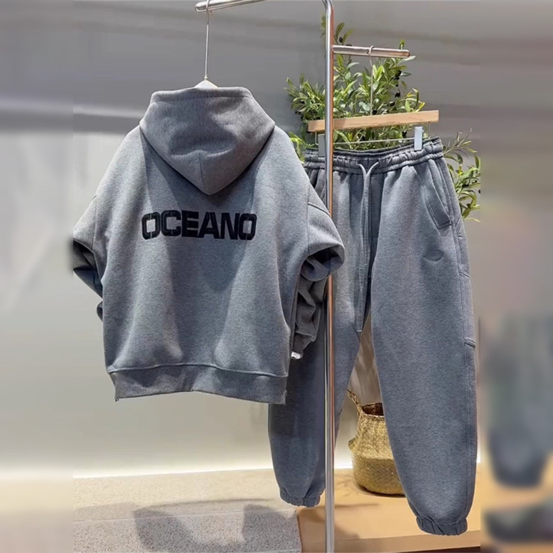 潮牌重磅休闲运动套装男秋冬季高级感痞帅加绒连帽卫衣卫裤两件套,男装,休闲运动套装,淘宝优惠券,粉丝福利购,淘宝优惠卷