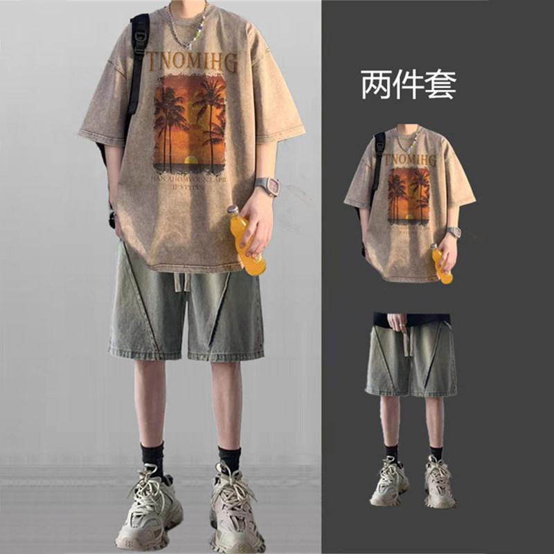 潮牌美式复古短袖t恤套装男夏季潮流高街穿搭牛仔短裤搭配一整套