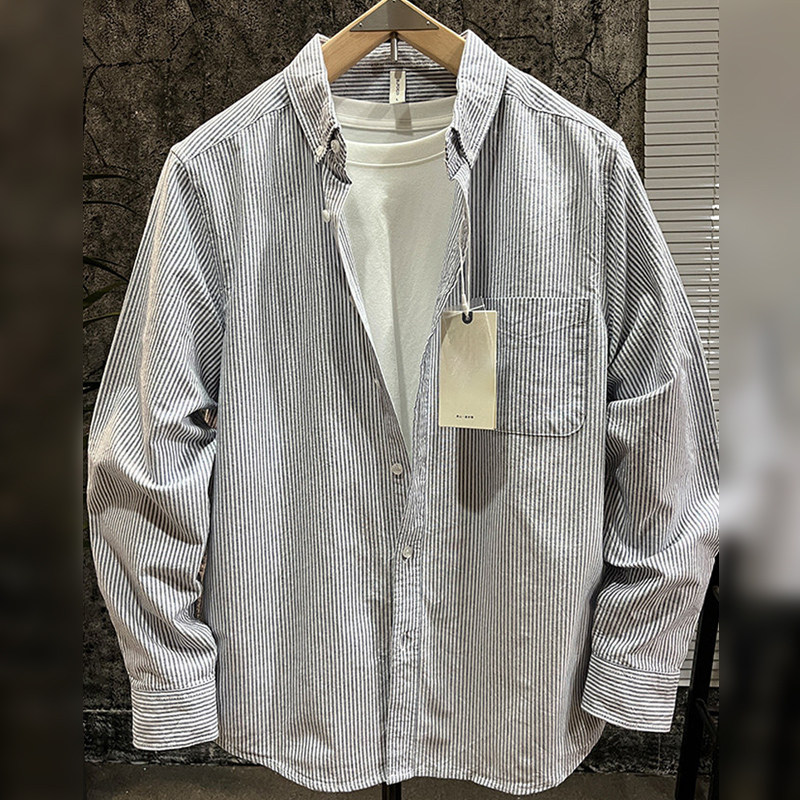 潮牌日系复古细条纹长袖衬衫男春秋季外穿经典百搭竖条纹衬衣外套
