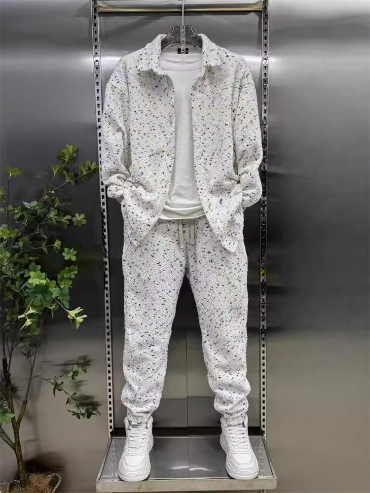 时尚品牌休闲运动套装男士春秋新潮针织小香衬衫紧身裤西式两件套