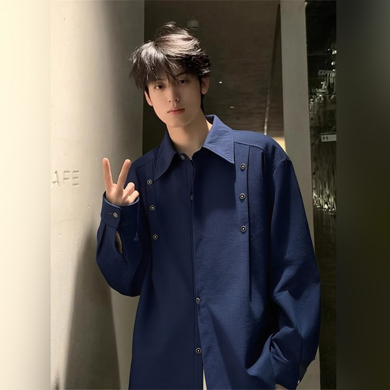 潮牌老钱风藏蓝色长袖衬衫男春秋季2026新款铆钉痞帅休闲衬衣外套