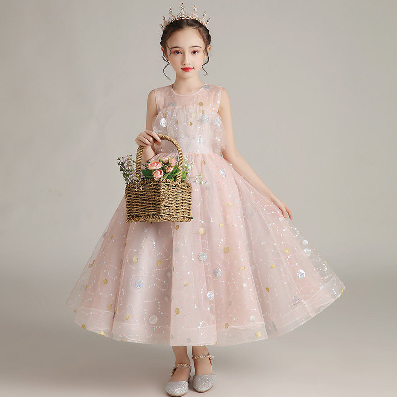 儿童粉色晚礼服花童婚纱小女孩洋气公主裙生日蓬蓬纱女童演出服夏