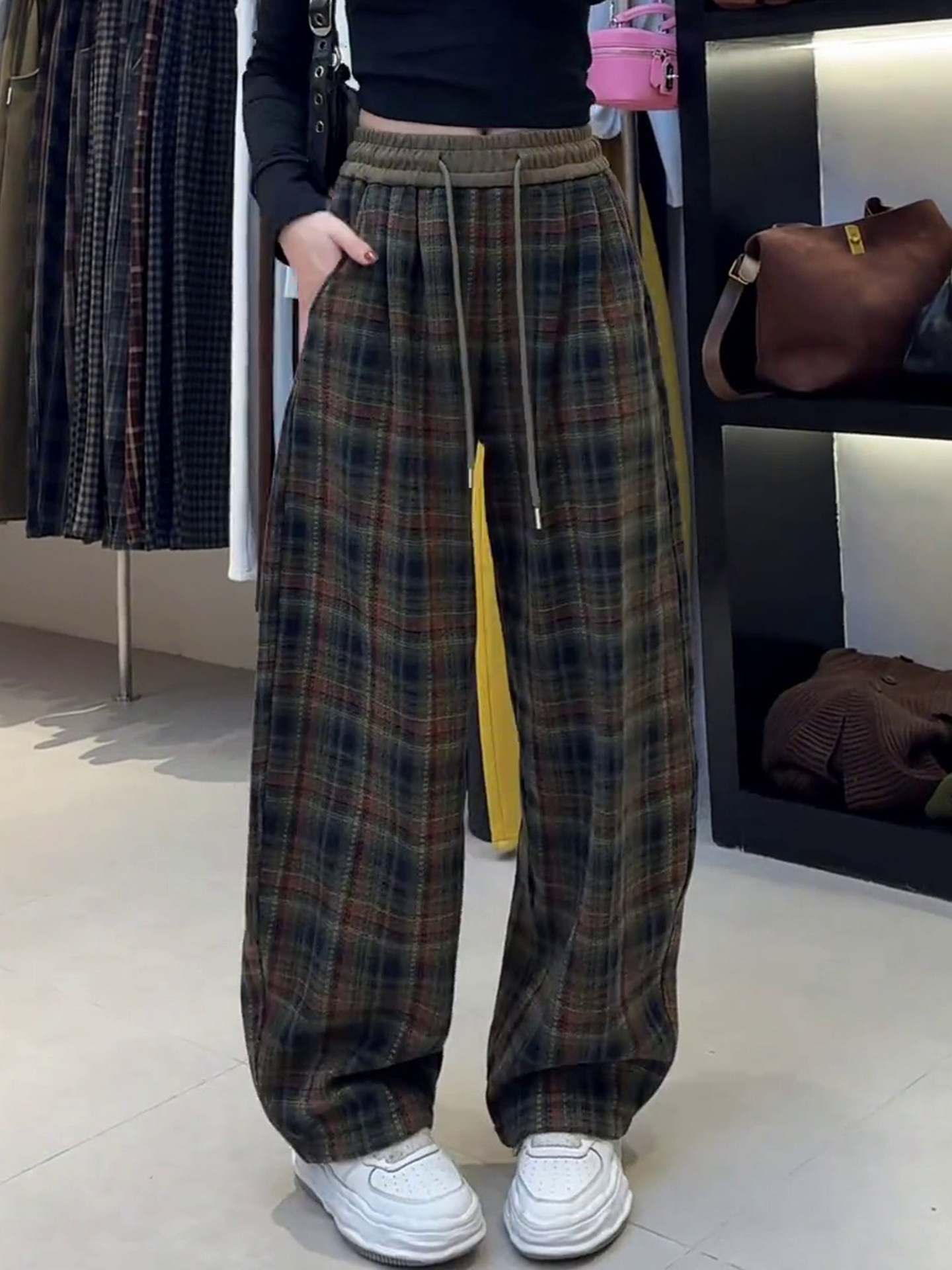格子加绒裤子女秋冬季2025新款爆款加厚阔腿长裤直筒休闲运动卫裤