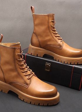 网红鞋子男款马丁靴男英伦风黄色高帮2025春季时尚百搭内增高靴子