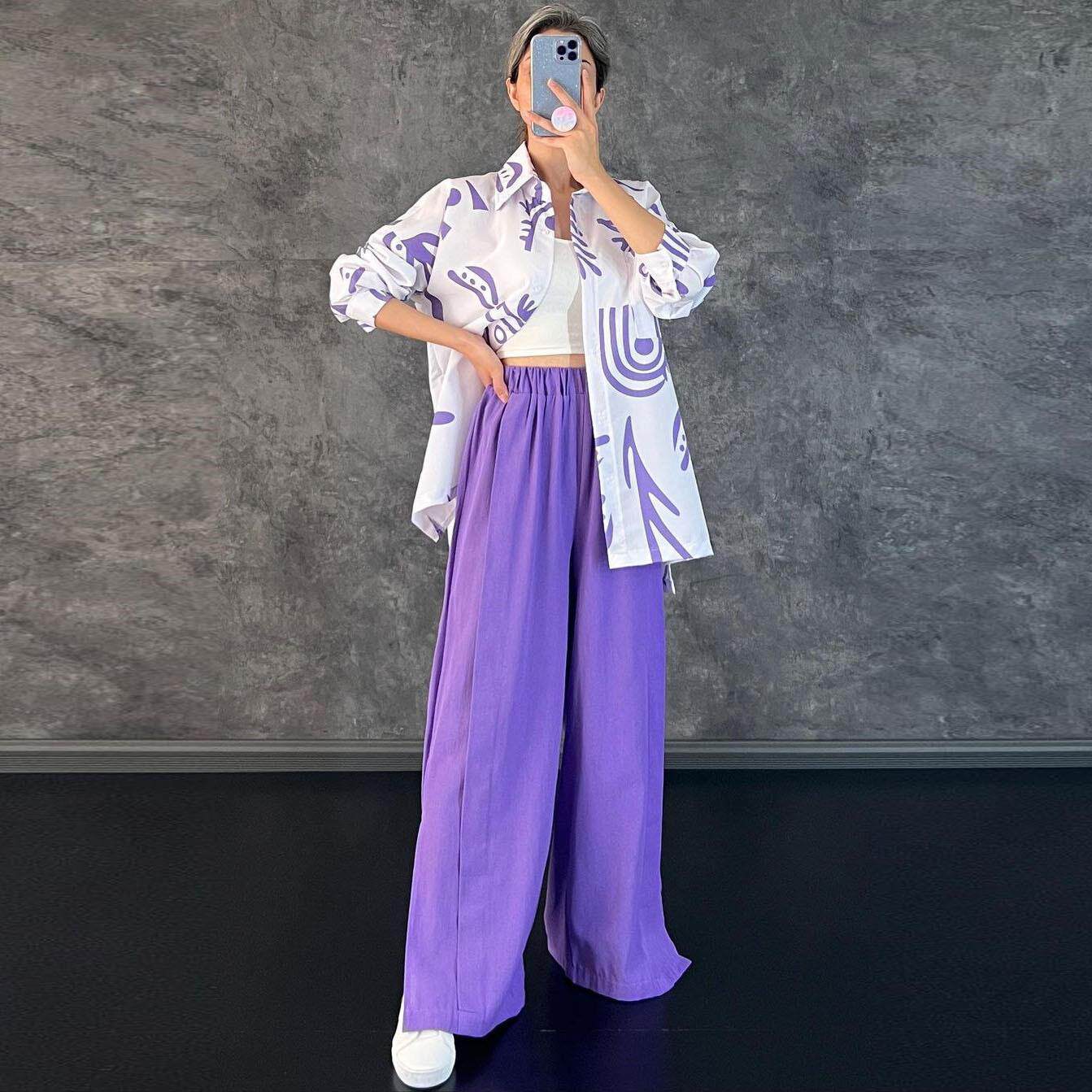 休闲长袖印花衬衫高腰开叉阔腿裤套装 Split wide leg pants set