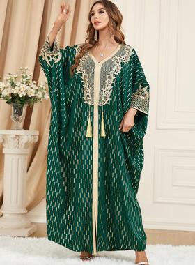中东阿拉伯绿色烫金蝙蝠袖大码流苏开叉连衣裙迪拜旅游长袍 dress