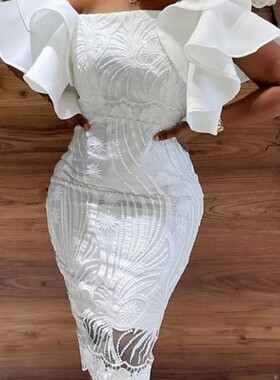 2023 high waist lace split solid one-line collar white dress