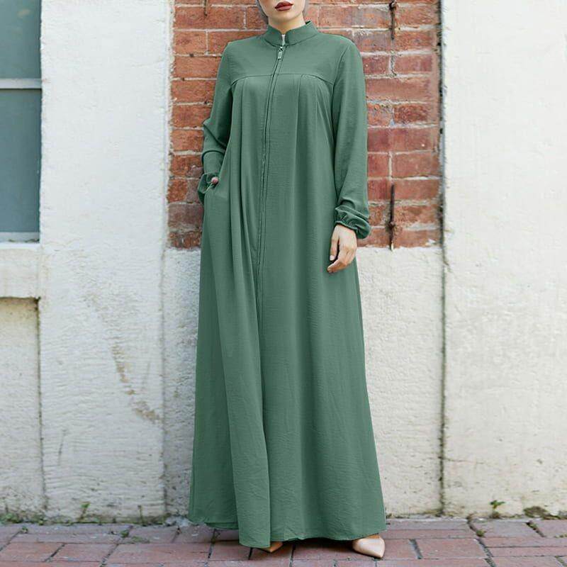 中东阿拉伯服饰立领拉链开衫插袋连衣裙
