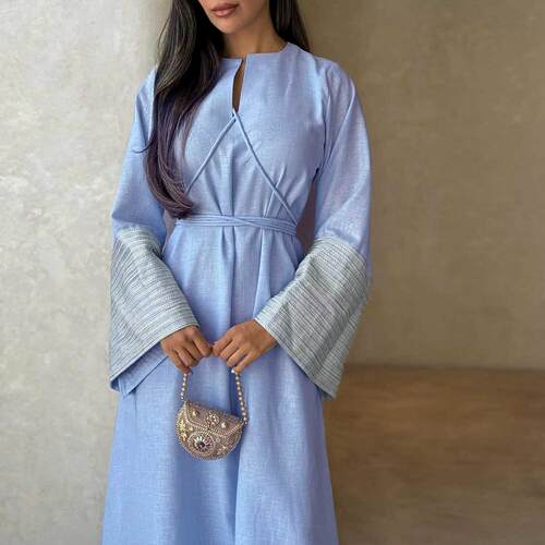 V领刺绣土耳其连衣裙长袍长裙Dubai women dress long musli