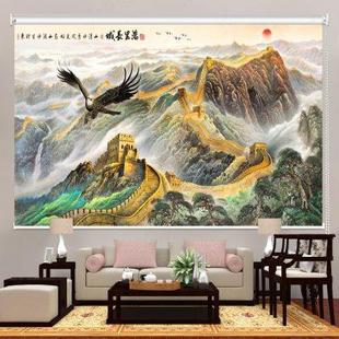 全遮光定制山水画免打孔帘 电动卷帘窗帘广告logo遮阳升降帘卷拉式