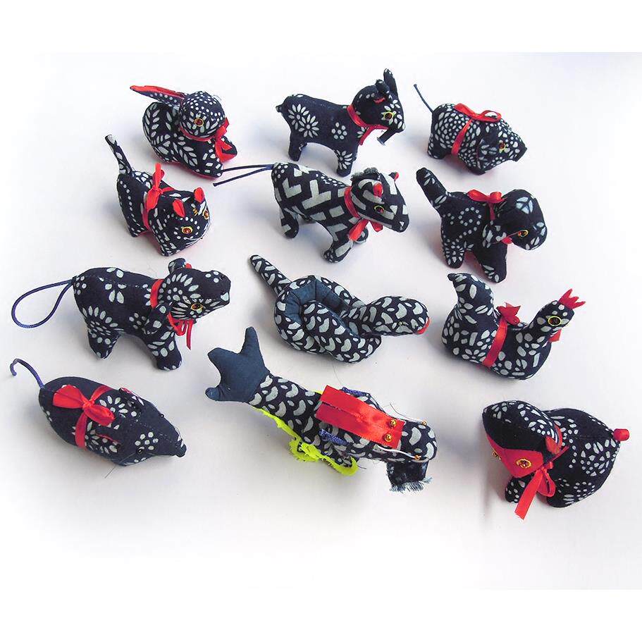 蓝印花布12十二生肖动物摆件纯手工布艺鼠牛虎兔龙蛇马羊猴鸡狗猪