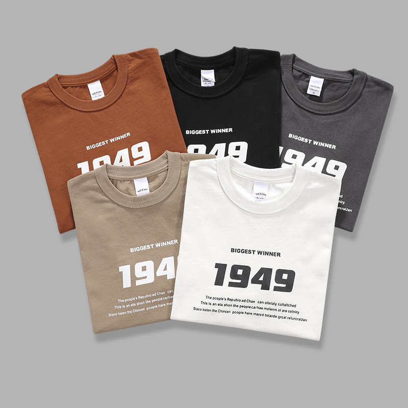 复古重磅300克英文字母印花阿美咔叽男式厚实短袖T恤纯棉1949P55，男装T恤，电商A400（原B301）