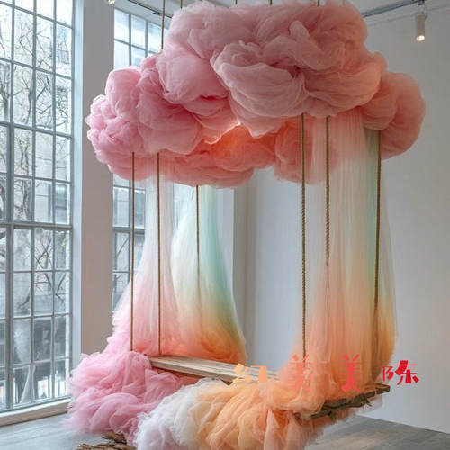 彩色网纱云朵秋千美陈拍照打卡