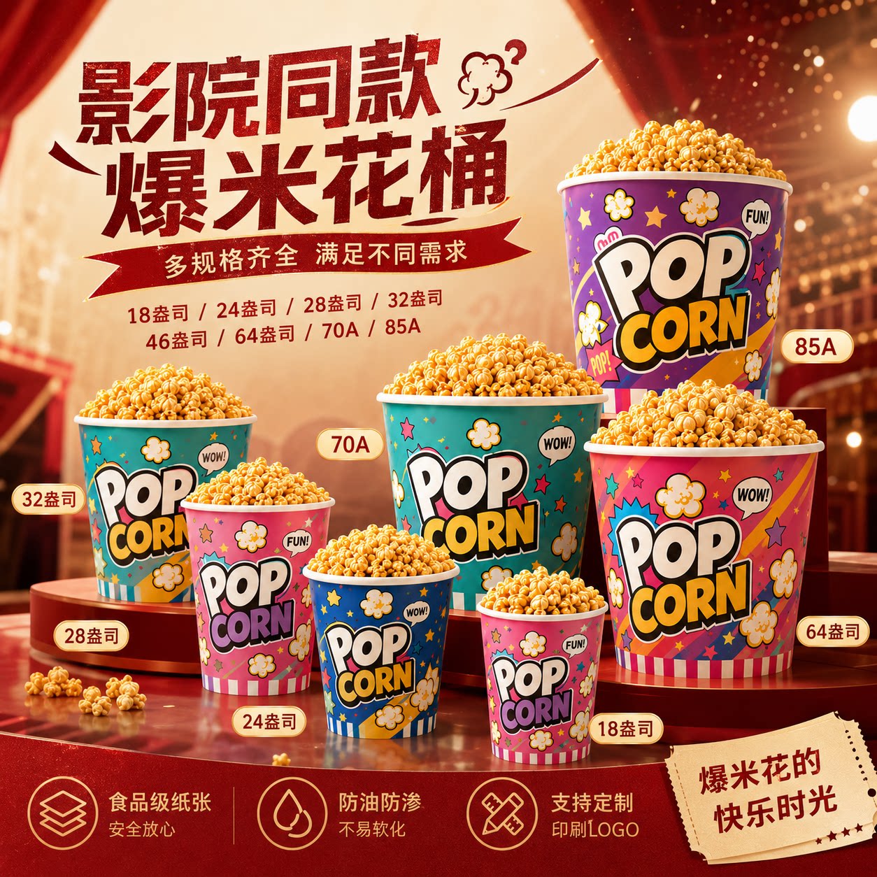 一次性影城爆米花桶卡通可爱纸杯子专用桶盒子纸筒打包桶商用定制图片
