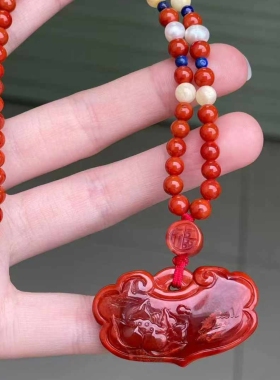 瓦西料年年有余平安锁毛衣链锦红色珠宝古玩收藏旧物件手串吊坠女