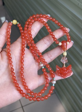 川料南红樱桃红狐狸面具吊坠长链锁骨链吊坠挂件男女款单圈玉石