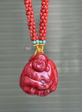 精品川料南红满色满肉牛血红笑面佛diy手工编织项链百搭时尚挂件