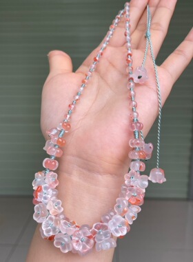 精品川料南红冰飘碗花diy手工编织项链鲜艳艳丽锁骨链百搭时尚款