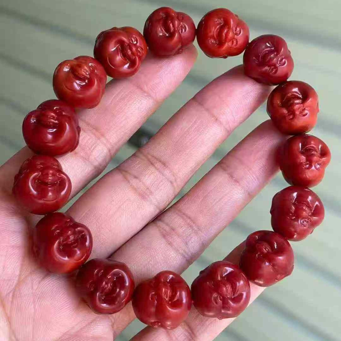 南红玛瑙牛血红手串收藏瓦西笑佛头满肉柔光磨砂哑光男女款单圈