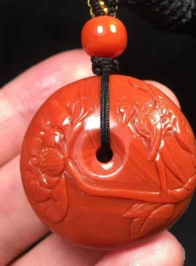 瓦西南红玛瑙雕刻平安扣吊坠挂件锁骨链鸟语花香柿子红满色满肉女