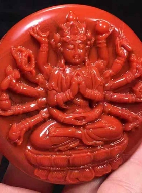 凉山南红玛瑙瓦西料千手观音吊坠挂件圆牌苏工雕刻男女款玉石