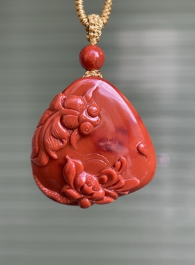 川料南红玛瑙牛血红年年有余吊坠项链珠宝古玩 男女原创手工编织