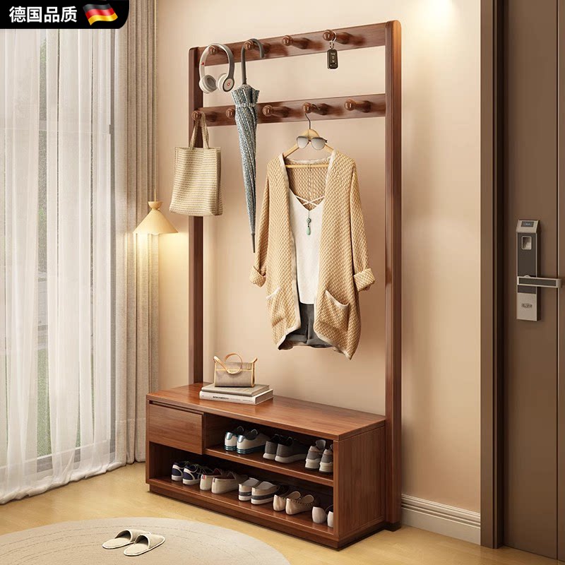 德国实木换鞋凳挂衣架一体落地卧室进门衣帽架家用门口可坐鞋架