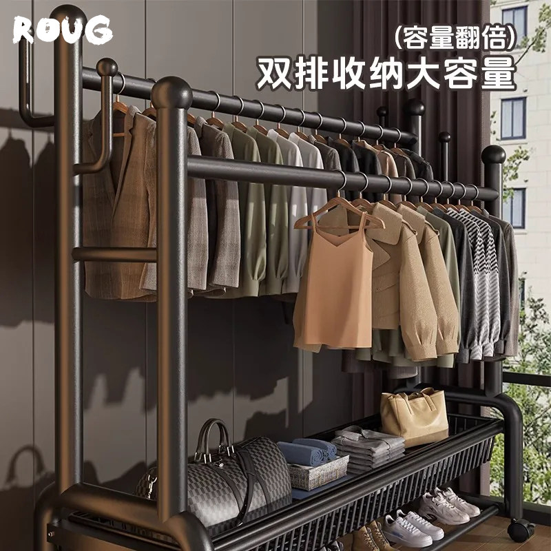 北欧风双杆衣帽架带轮可移动落地卧室挂衣架房间家用衣服收纳架