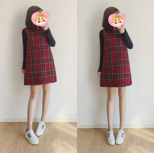 秋冬季新款女红色大格子气质显瘦小香风背心裙A字短款无袖连衣裙