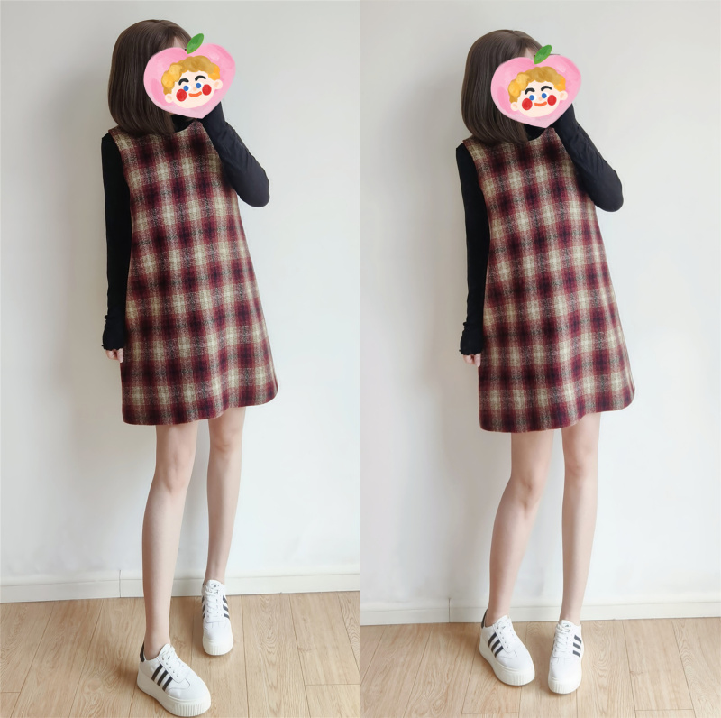 无袖连衣裙羊毛呢红色格子背心裙